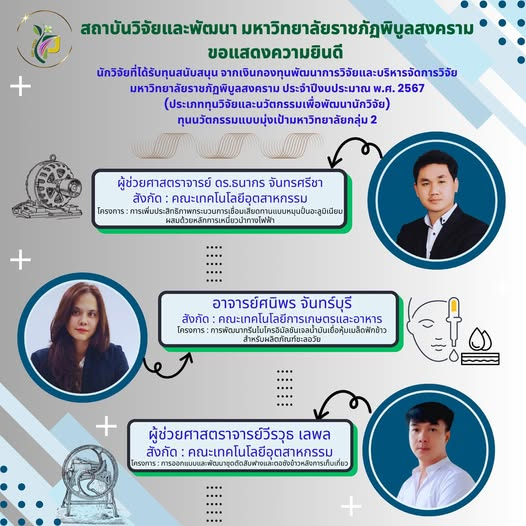 มหาวิทยาลัยราชภัฏพิบูลสงคราม ขอแสดงความยินดีกับนักวิจัยที่ได้รับทุนสนับสนุนจากเงินกองทุนพัฒนาการวิจัยและบริหารจัดการวิจัย