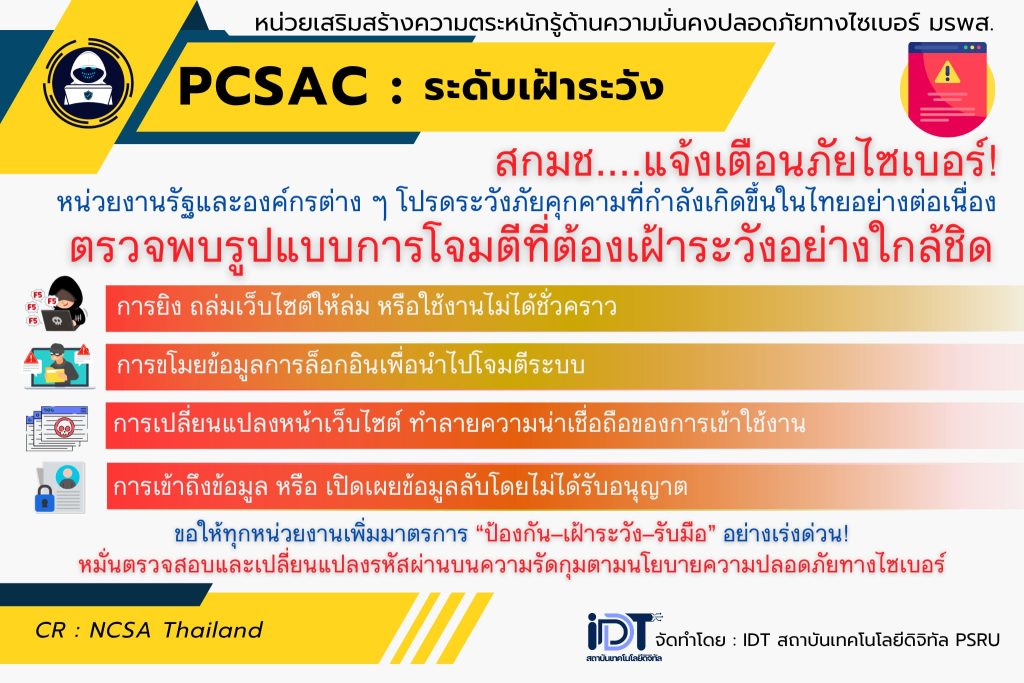 สกมช…..แจ้งเตือนภัยไซเบอร์ หน่วยงานรัฐและองค์กรต่าง ๆ โปรดระวังภัยคุกคามที่กำลังเกิดขึ้นในไทยอย่างต่อเนื่อง ตรวจพบรูปแบบการโจมตีที่ต้องเฝ้าระวังอย่างใกล้ชิด