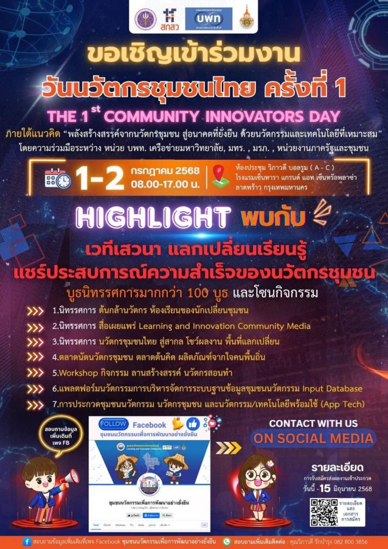 เชิญร่วมงาน “วันนวัตกรรมชุมชนไทย ครั้งที่ 1” 1–2 กรกฎาคมนี้ ชูแนวคิดพลังสร้างสรรค์จากชุมชน สู่อนาคตที่ยั่งยืน