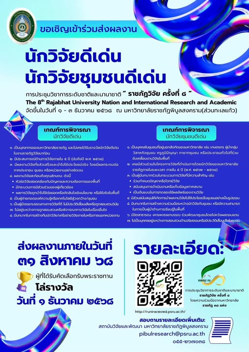 มรพส. เชิญชวนนักวิจัยส่งผลงานเพื่อเข้าสู่การพิจารณาคัดเลือก “นักวิจัยดีเด่น” และนักวิจัยชุมชนดีเด่น เพื่อรับโล่พระราชทานงานราชภัฏวิจัย ครั้งที่ 8
