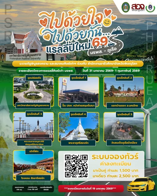มหาวิทยาลัยราชภัฏพิบูลสงคราม สมาคมศิษย์เก่ามหาวิทยาลัยราชภัฏพิบูลสงคราม ร่วมกับสำนักงานอาชีวศึกษา จ.พิษณุโลก กำหนดจัดโครงการแรลลี่ ศิษย์เก่า มรพส. “ไปด้วยใจ ไปด้วยกัน แรลลี่ปีใหม่ 69”